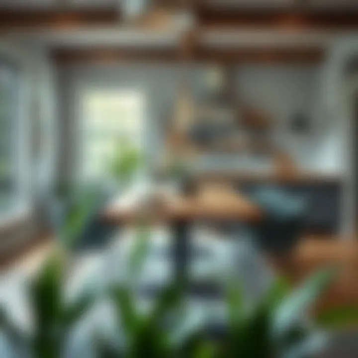 Stylish dining area featuring gray butcher block table.