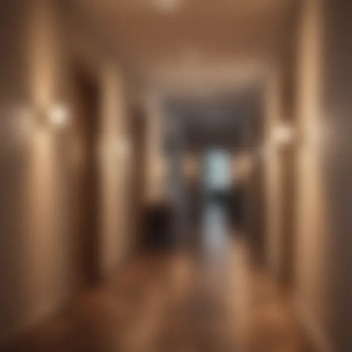 Atmospheric hallway lit by warm wall lights