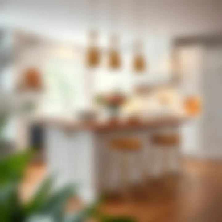 A beautifully decorated kitchen island with matching stools