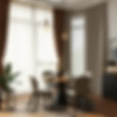 Stylish Dining Area with Long Sheer Curtains Stylish dining area adorned with long sheer curtains enhancing the space