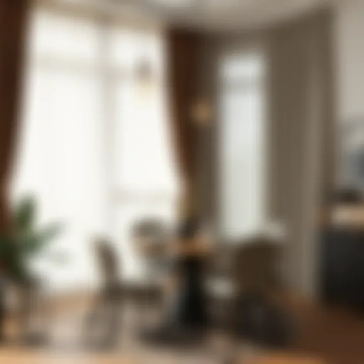 Stylish Dining Area with Long Sheer Curtains Stylish dining area adorned with long sheer curtains enhancing the space