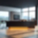 Sleek long slim kitchen island in a modern setting with elegant finishes