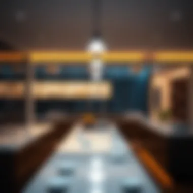 Luxurious long slim kitchen island illuminated by pendant lights