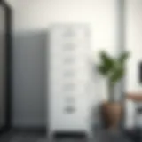 Elegant metal filing cabinet with lock in a modern office setting.