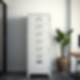 Elegant metal filing cabinet with lock in a modern office setting.