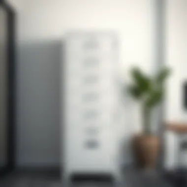 Elegant metal filing cabinet with lock in a modern office setting.