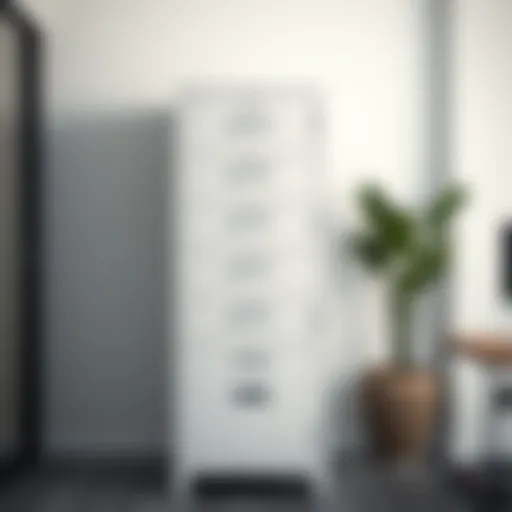 Elegant metal filing cabinet with lock in a modern office setting.