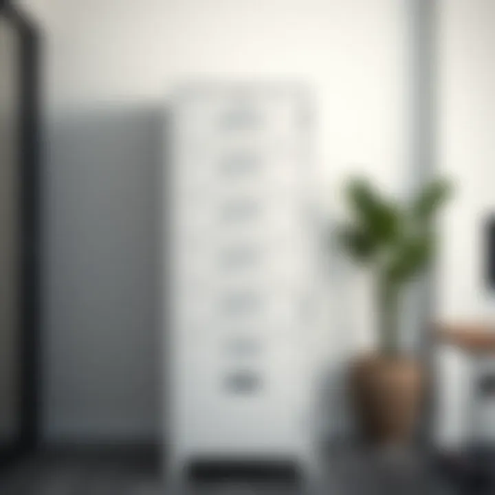 Elegant metal filing cabinet with lock in a modern office setting.