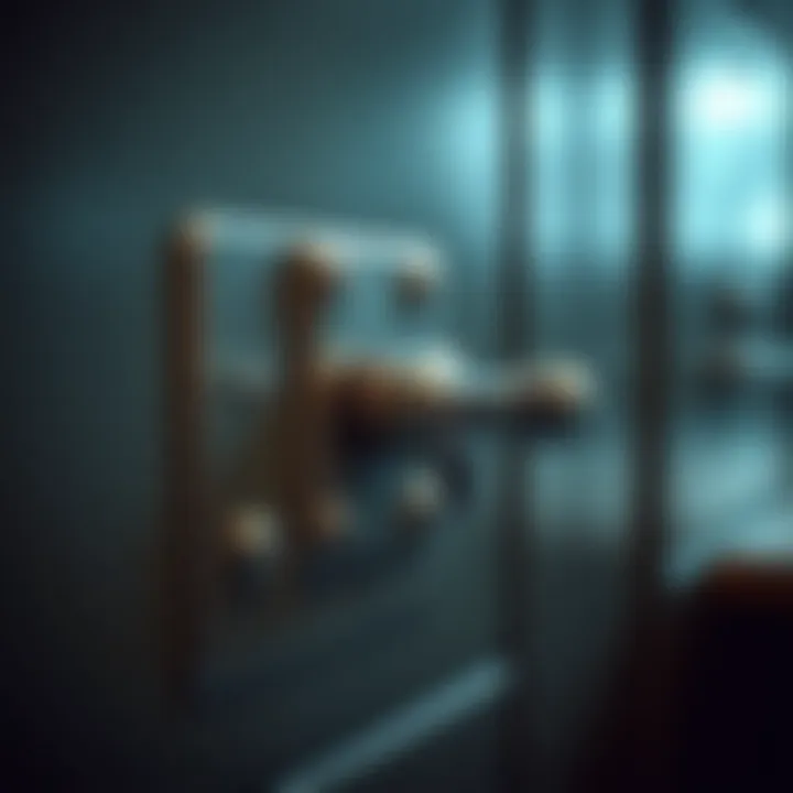 Close-up of the locking mechanism on a metal filing cabinet.