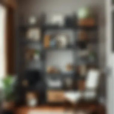 Aesthetic metal shelving unit displaying decorative items in a home office