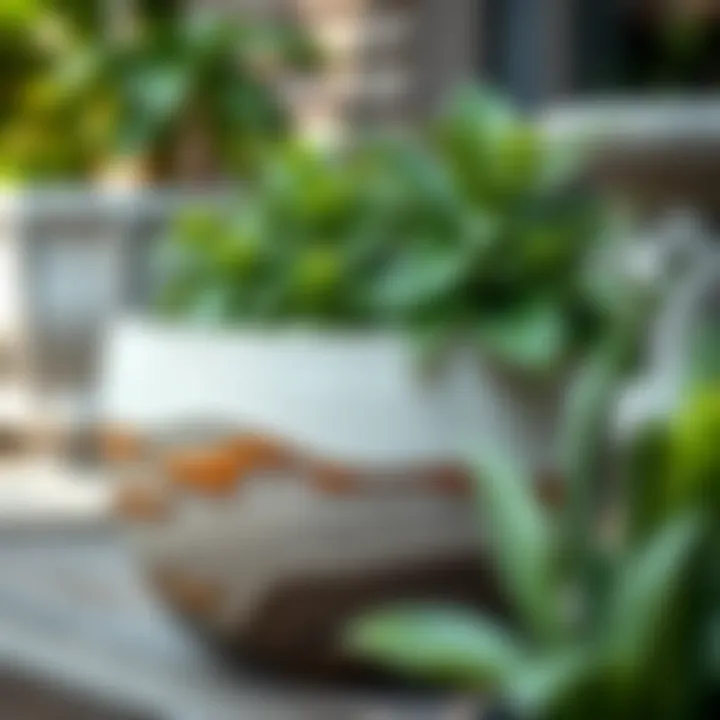 Elegant Ceramic Pot with Lush Greenery Close-up of a stylish ceramic pot with vibrant plants