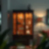 Stylish narrow show cabinet showcasing decorative items