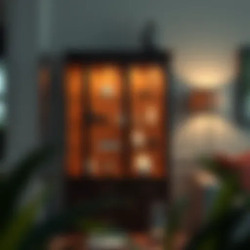 Stylish narrow show cabinet showcasing decorative items