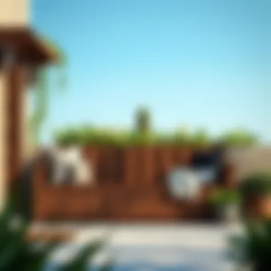 Elegant outdoor wooden storage bench with lush greenery