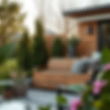 Stylish outdoor setting with a wooden storage bench