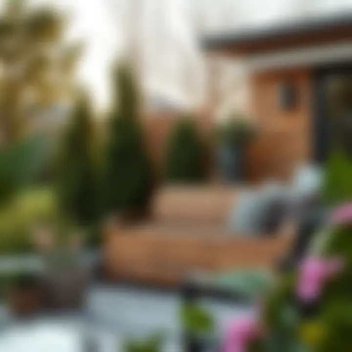 Stylish outdoor setting with a wooden storage bench