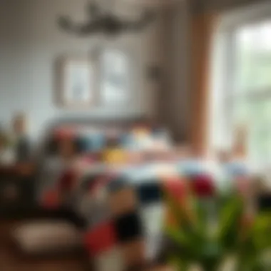 A beautifully styled bedroom featuring a patchwork bed spread