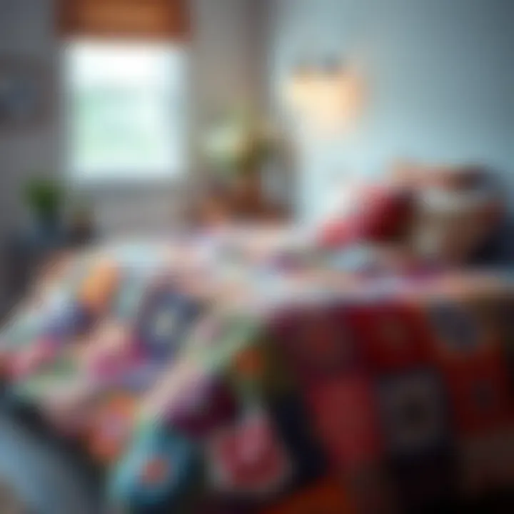 A vibrant patchwork bed spread showcasing intricate designs