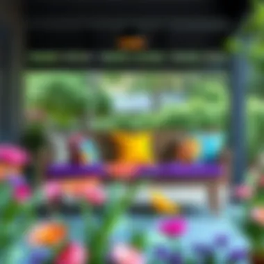 Colorful cushions on a modern porch bench