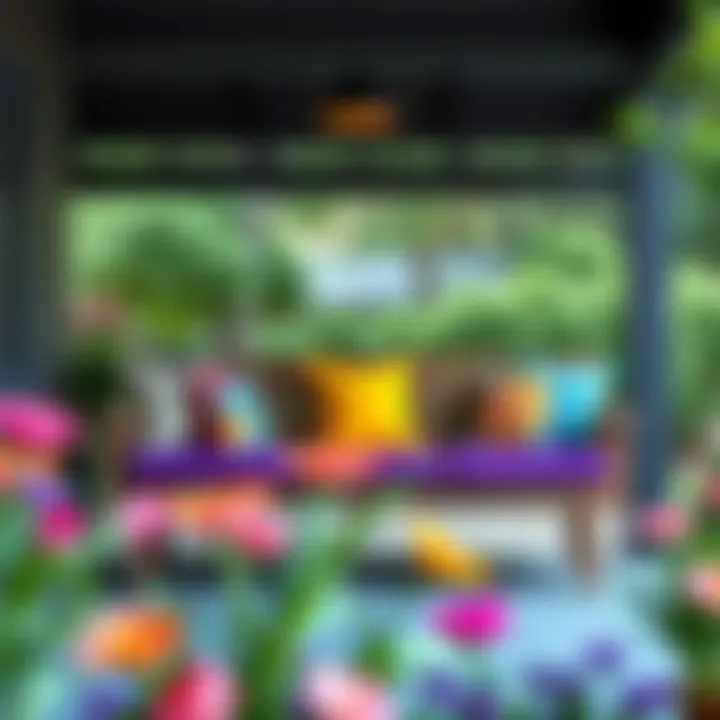 Colorful cushions on a modern porch bench