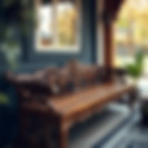 Intricately Carved Wooden Porch Bench Elegant wooden porch bench showcasing intricate carvings