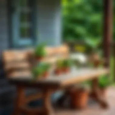 Rustic wooden table adorned with potted plants on a porch
