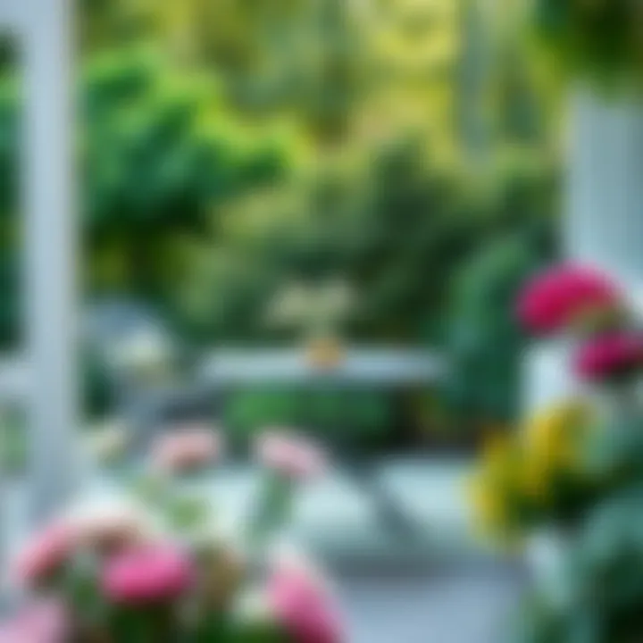 Stylish porch table set against a beautiful garden backdrop