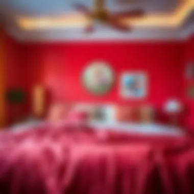 Colorful bedroom featuring red duvet cover