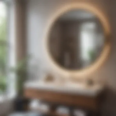 Elegant round vanity mirror in a chic bathroom setting emphasizing organization.