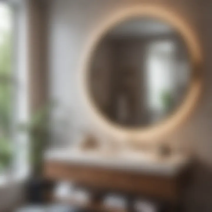 Elegant round vanity mirror in a chic bathroom setting emphasizing organization.