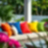 Luxurious square patio pillows in vibrant colors arranged on a modern outdoor sofa