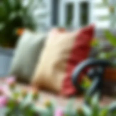 A close-up view of square patio pillows made from sustainable materials on a garden bench
