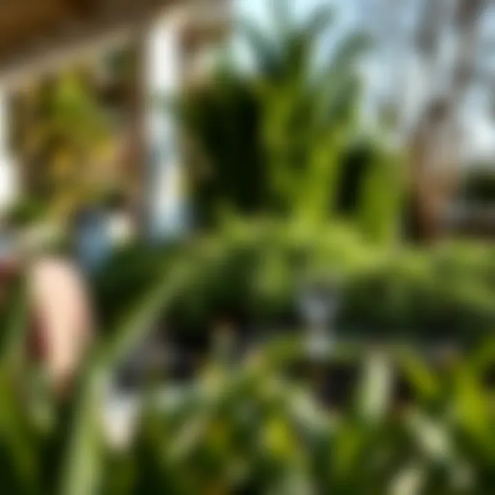 An outdoor setting with an acrylic bistro table surrounded by greenery