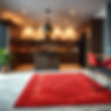 Red rug placed strategically in a well-designed kitchen