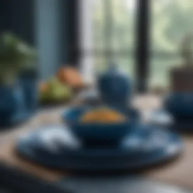 Elegant Blue Dinnerware Set Elegant blue dinnerware set displayed on a dining table