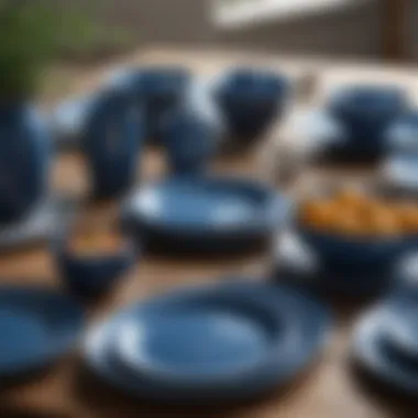 Stylish Blue Plates Arrangement Stylish blue plates arranged creatively on a rustic table