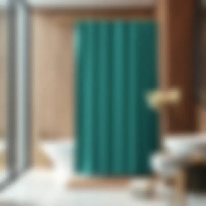 Elegant teal brown shower curtain in a modern bathroom setting
