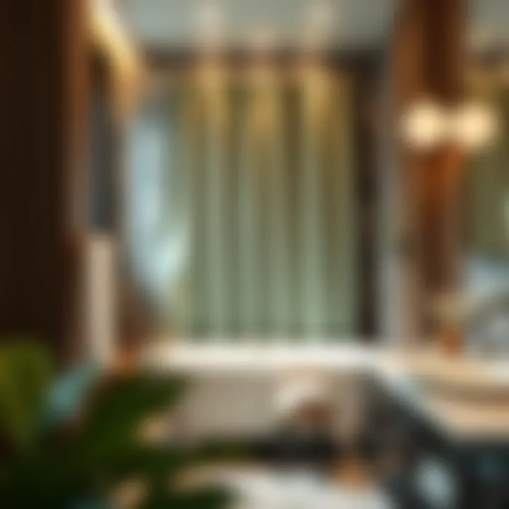 Stylish bathroom with teal brown shower curtain harmoniously blending with decor