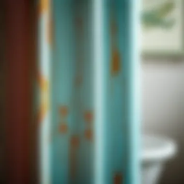 Close-up of a textured teal brown shower curtain showcasing its fabric detail