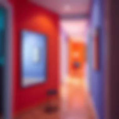 Boldly designed square mirror in a vibrant hallway, adding depth