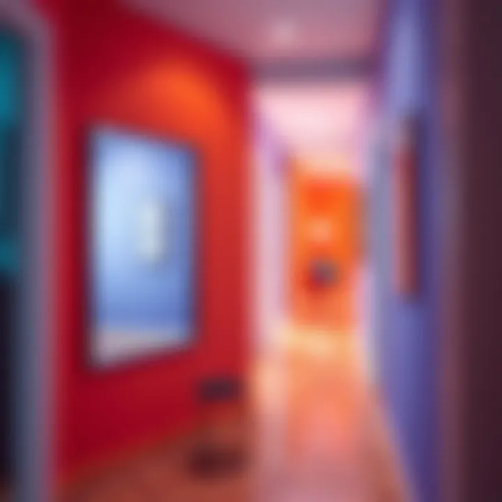 Boldly designed square mirror in a vibrant hallway, adding depth