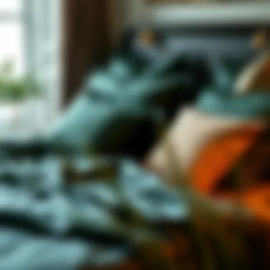 Cozy arrangement of dark green satin sheets with complementary pillows
