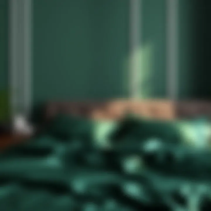 Dark green satin sheets styled in a modern bedroom setting