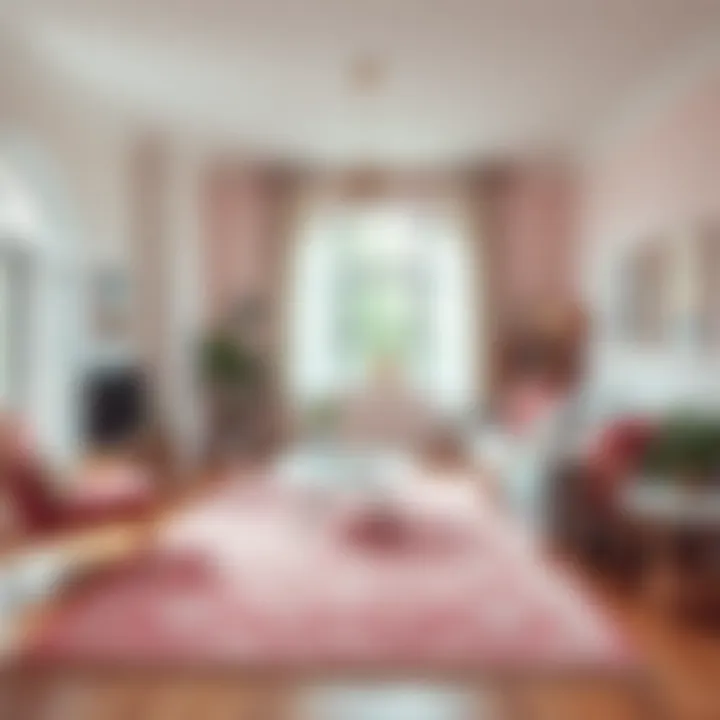 Cozy living room featuring a pink bohemian area rug as a focal point