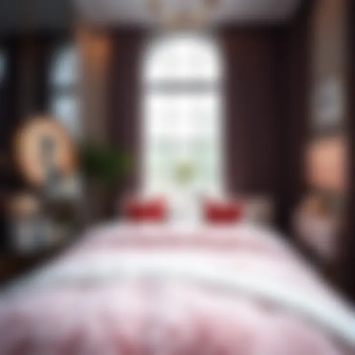 Stylish bedroom interior featuring pink fur bedding and contemporary decor