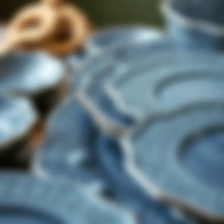 Close-up of blue grey ceramic plates showcasing intricate designs