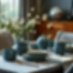 Elegant blue grey dinnerware set on a beautifully arranged table