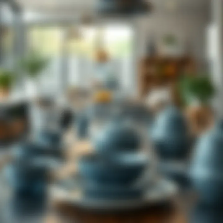 Stylish blue grey dinnerware set amidst a modern dining environment