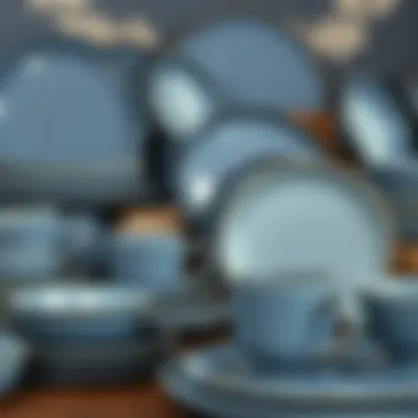 Variety of blue grey dinnerware materials displayed together