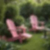 A serene outdoor setting featuring pink plastic Adirondack chairs against a lush garden backdrop